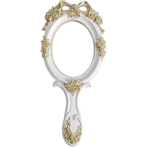 Vintage Dekor Handhållen Spegel med Handtag - Prinsessdekor Handspegel med Rosor - Oval Form Vit Söt Handhållen Spegel för Kvinnor Flickor Barn