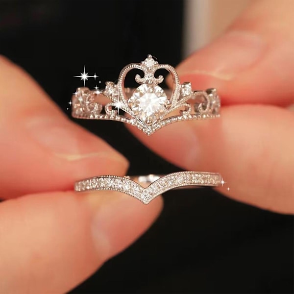 Utsökt Prinsesskrona Mode Kvinnor Smycken Krona Rund Årsdag Löfte Förlovning Diamantring För Älskare