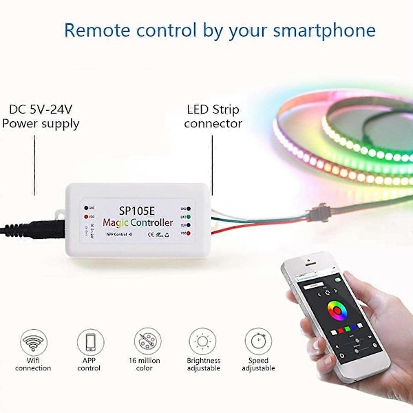 2 stk. SP105E Lysbånd Controller Mobiltelefon Smart Bluetooth Farvekontroller LED Fuld Farve Con