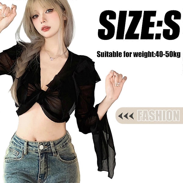 Dame Tie Front Bell Lange Ærmer Bluse Gennemsigtig Mesh Crop Top, Ensfarvet Lange Ærmer, Sort L