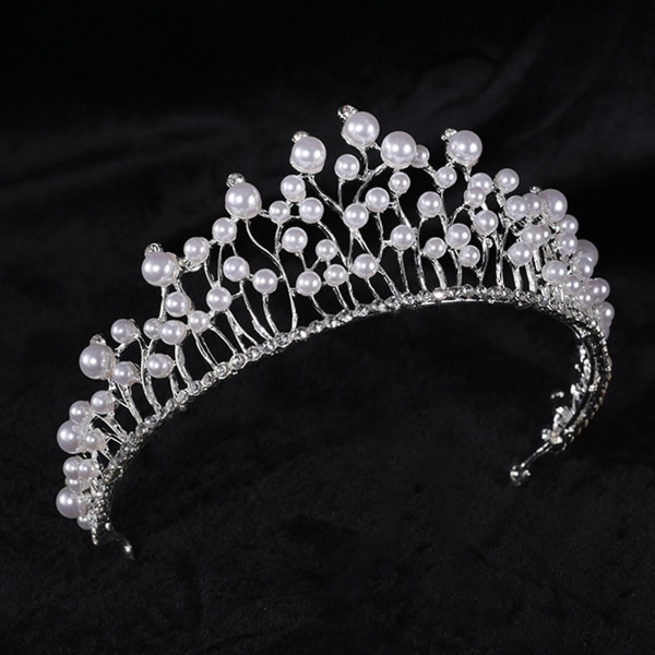 Bröllop Tiara Silver Crown Lyxiga pärlor Halvcirkel Pageant Ornament För Maskerad Ball Bankett Cosplay