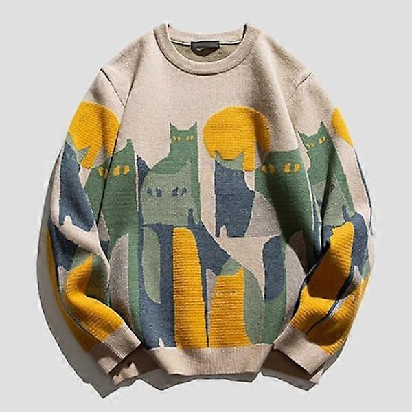Herre Vinter Efterår Sweater Farvematch Rund Hals Kat Print Tyk Strikket Blød Varm Langærmet Pullover Mellemlang Unisex Par Sweater M light khaki