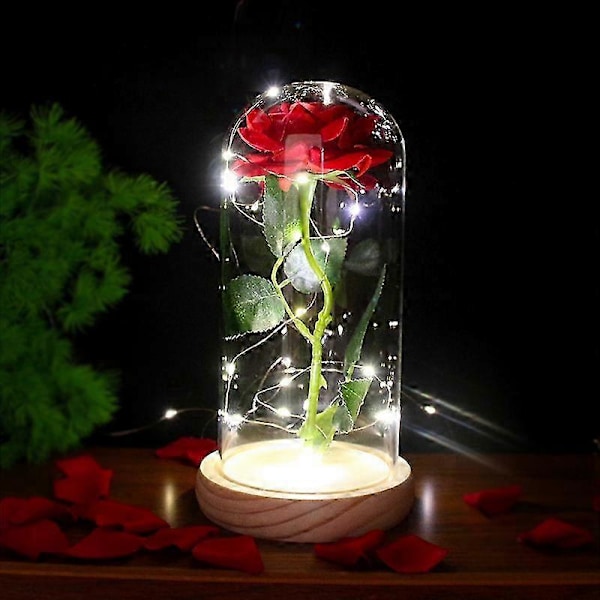 LED-lysende glasskuppel med flanellsroser, Valentinsdag, bryllupsdag, kontordekorasjon