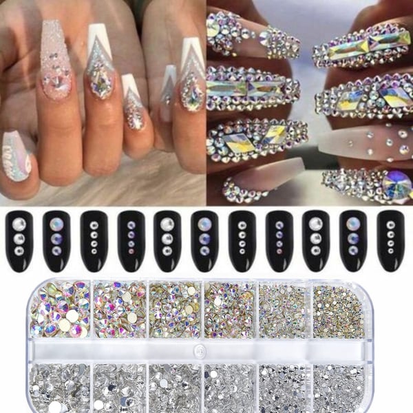 2400 stk. Nail Art Gems Ab Flat Rhinestone Gems med opbevaringsboks 37