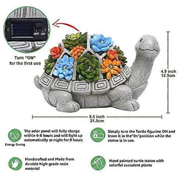 Solcellsdriven trädgårdsstaty utomhus sköldpadda med suckulent och 7 LED-lampor - Trädgårdsdekoration sköldpaddsstaty för uteplats, balkong, trädgård, gräsmatta