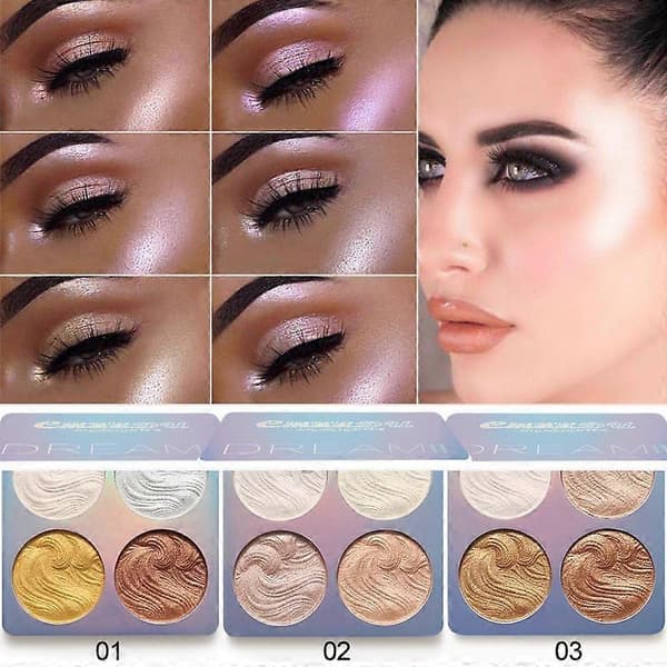 4 Farver Shimmer Highlight Makeup Contour Palette, Shimmer Blush & Makeup Highlighter Powder Bronzer Palette