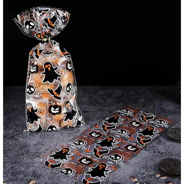 Halloween Cellofanposer 50 stk 13x27cm, Halloween Godteposer Knask eller Knep-poser - Halloween Festposer, Klare Cellofanposer Godteri, Kaker, Baking