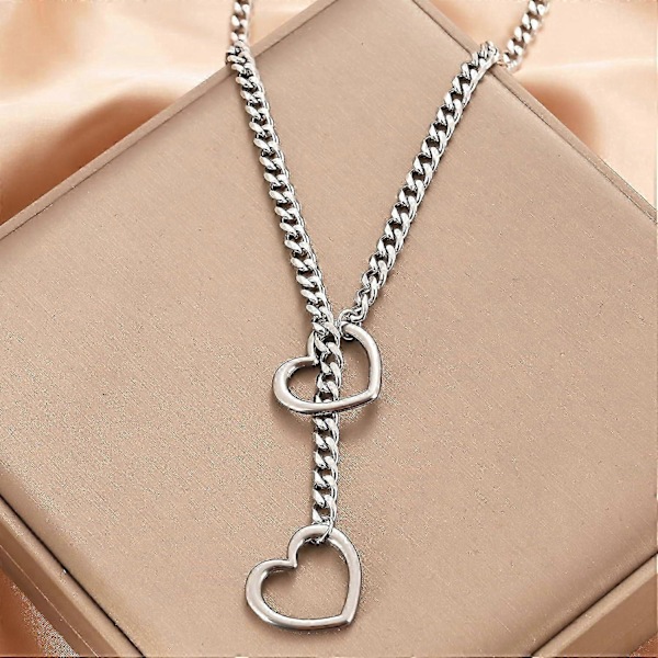 Hjerte O-ring Slip Chain Halskæde til Kvinder Rustfrit Stål Cuban Chain Hjerte Halskæde Punk Rock Krage Halskæde Håndlavet Justerbar Lariat Y Halskæde Silver