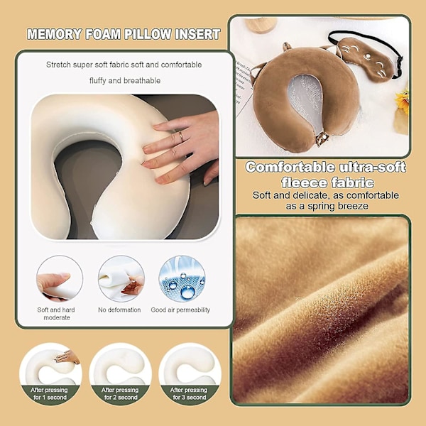 Resekudde, 100% Memory Foam Nackkudde, Justerbar U-formad Nackkudde med Ögonmask för Resor