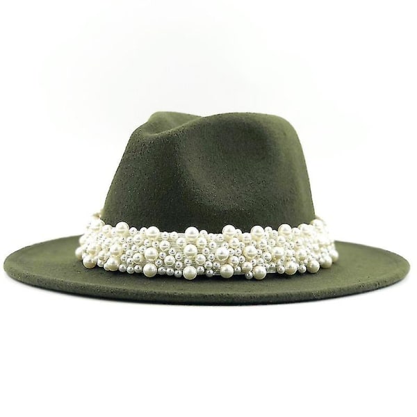 Dam Herr Ull Fedora Hatt Med Pärlband Gentleman Elegant Dam Vinter Höst Bred Brätte Kyrka Panama Sombrero Jazz Cap 60cm Army Green 58-61CM