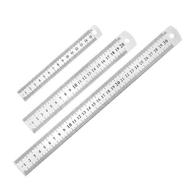 3 Linjaler 15cm 20cm 30cm Student- og Kontorlinjalverktøy (Rustfritt Stål Linjal), Sølv