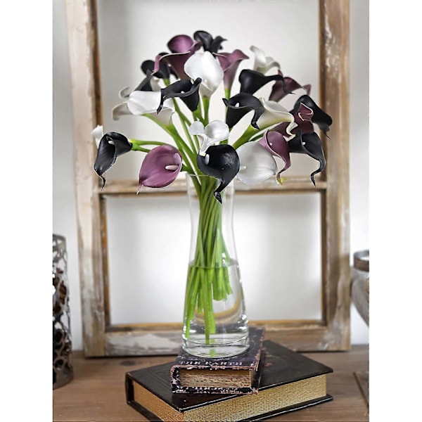 10 stjälkar Real Touch Calla Liljor Konstgjord Blombukett, Perfekt för Bröllop, Brud, Fest, Hemmakontor Dekor DIY (Svart)