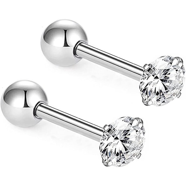 Katea 2 stk. Unisex Klar Cubic Zirconia Sten Rustfrit Stål Barbell Ørering, Brusk Helix Ørering, Ørestik, Labret Studs (rund)