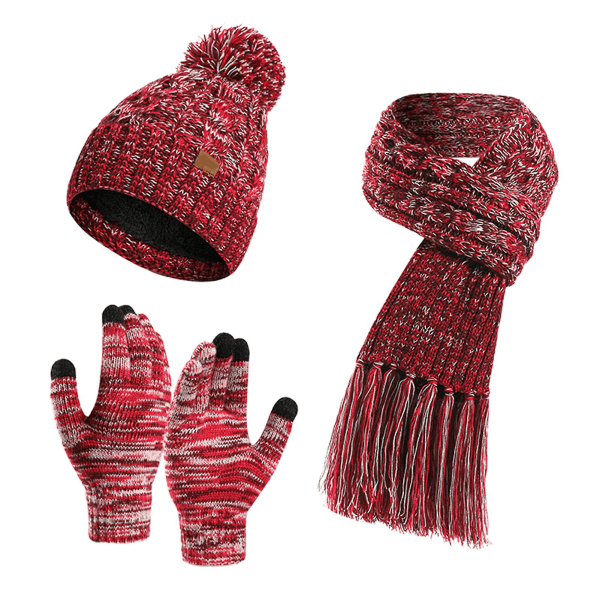 Vinter Beanie Hat Tørklæde Sæt Unisex Slouchy Tørklæde Varm strikket hue til udendørs Plum Red