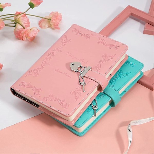 Dagbog med lås og nøgle til piger, tyknet, 360 sider, læder, hjerteformet låsbar journal, sød låst hemmelig dagbog, notesbog til kvinder, voksne, A5 (pink