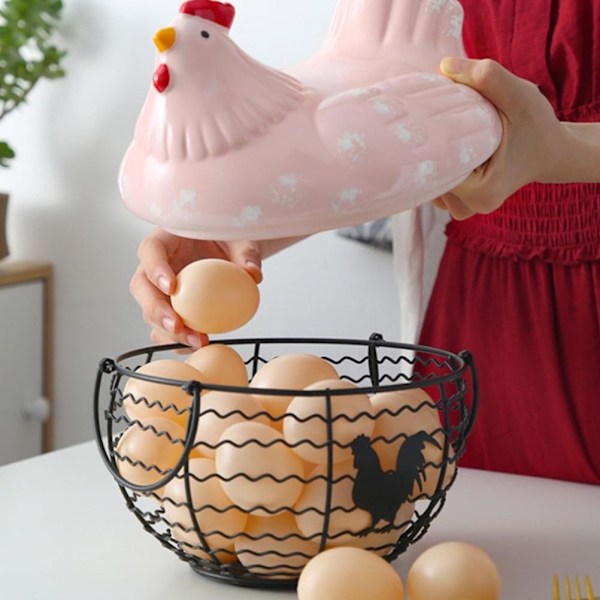 Jern og keramisk høne ornament oppbevaringskurv med håndtak for frukt og egg, ideell for kjøkkenutstyr