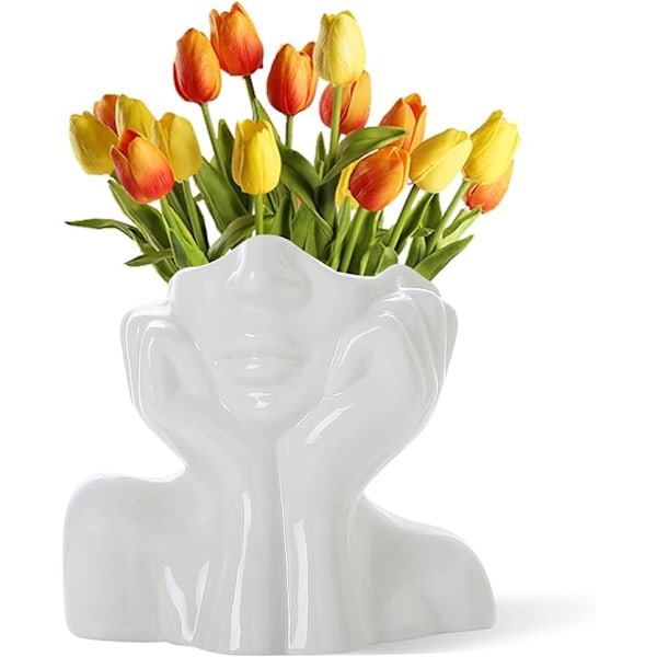 Ansiktsvase, vase, skrivebordsdekorasjon, keramisk vase, kvinnelig form, ideell for hjemmehyllen, liten bokhylle søtt halvt ansikt (stil-C)