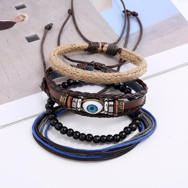 Mix 4 Wrap Bracelets Men Women, Hemp Cords Wood Beads Ethnic Tribal Bracelets, Leather Wristbands - Style3 Style3