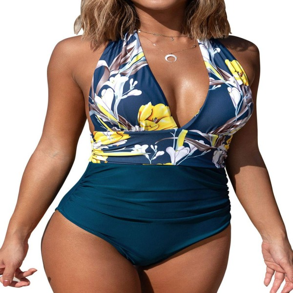 Cupshe Dam Halter One Piece Baddräkt som håller dig sällskap Badkläder, Yellow Floral, L xxl