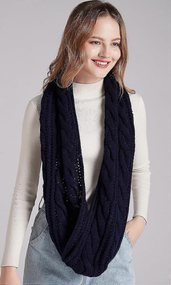 Dame Tyk Ribstrikket Vinter Infinity Circle Loop Halstørklæde Premium Twist Navy Blue