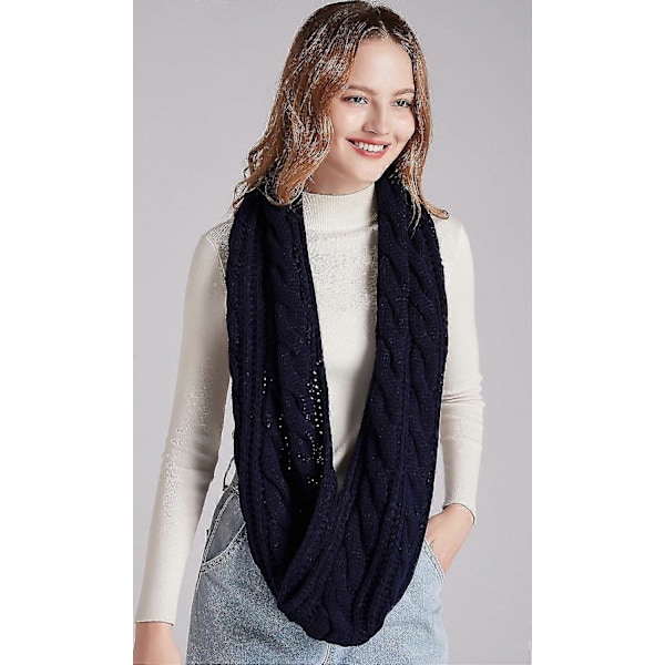 Damers Tykk Ribbestrikket Vinter Infinity Circle Loop Skjerf Premium Twist Navy Blue