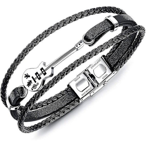 Unisex Armband i rostfritt stål och läder med gitarr, handvävd, flerlagers, herr musik