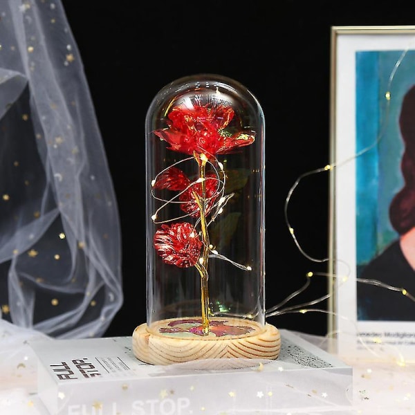 Eternal Roses Beauty And Animal Rose Kit In Glass Dome Led Lights Artificial Flowers Rose Gifts For Women Mum Gift Red