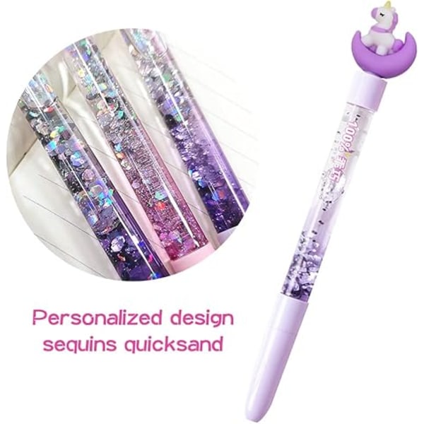 4 st Söta Enhörningspennor Set med Skrivmaterial, Flerfärgad Glitter Flytande Sandpenna för Flickor Pojkar Barn Presenter, Svart Bläck, (0,5 mm)
