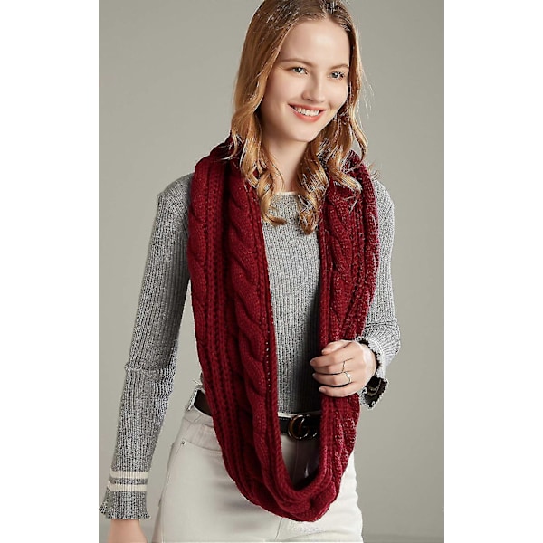 Dam Tjock Ribbstickad Vinter Infinity Cirkel Loop Halsduk Premium Twist Claret