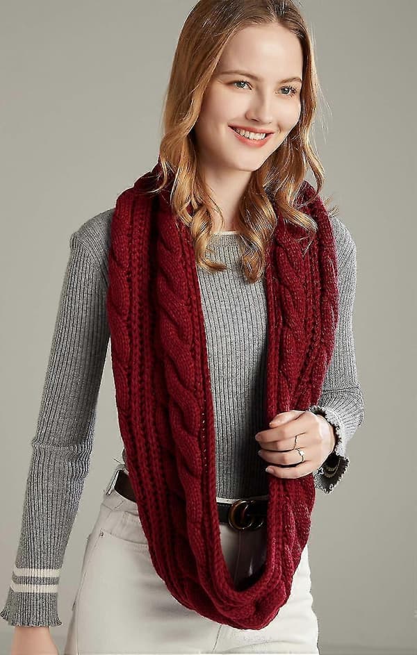 Damers Tykk Ribbestrikket Vinter Infinity Circle Loop Skjerf Premium Twist Claret