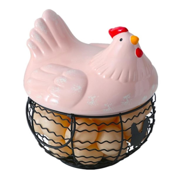 Iron and Ceramic Hen Ornament Storage Basket with Handle for Fruit and Eggs, Ideal for Kitchen Supplies