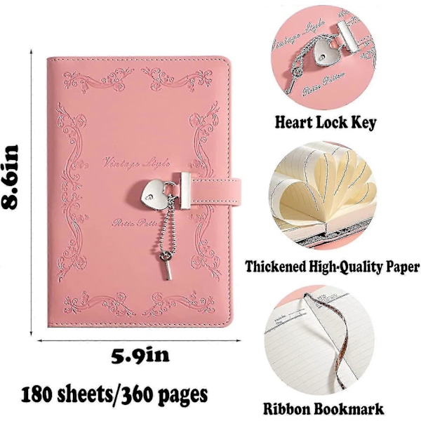 Dagbog med lås og nøgle til piger, tyknet, 360 sider, læder, hjerteformet låsbar journal, sød låst hemmelig dagbog, notesbog til kvinder, voksne, A5 (pink