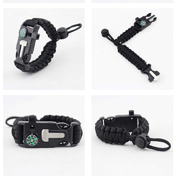 Överlevnadsarmband med Paracord, Flint, Eldstartare, Skrapa, Kompass, Vildmarksöverlevnads Visselpipa, Justerbart Armband 2-pack Svart&Armégrön