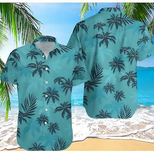 Miesten kesäinen puukuvioinen rantakukka-aiheinen vintage-tyylinen muotivaate Havaiji-paita rento kaulus lyhythihainen napitus L