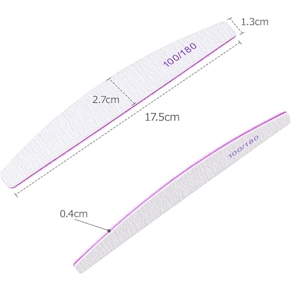 Neglefiler, 20 stk. Profesjonelle Dobbeltsidige Neglefiler Gjenbrukbare 100/180 Grit for Hjemme- og Salongbruk, Gummi, Papir, Glass, Hvit