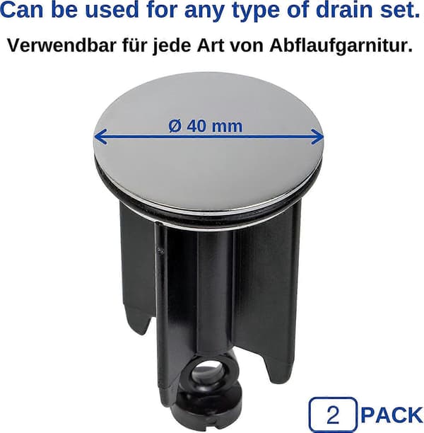 Universal Vaskprop til Badeværelse 40 mm, Sæt med 2, Forkromet Afløbsprop, Fremstillet af Messing, med Gummipakning