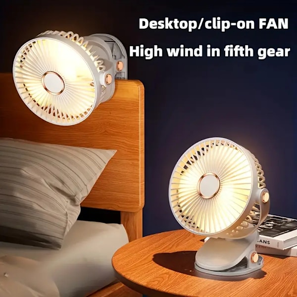 72 Graders Rotation, 6 Tommer 5-Hastigheds USB Opladnings Clip-on Ventilator, Kan Stå, Hænges Op, Ultra Støjsvag Ventilator, Moderne Natlampe, Flytbar, Vaskbar