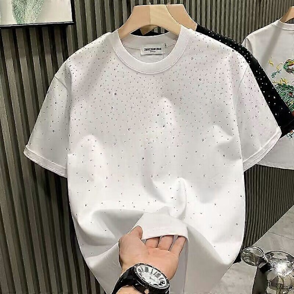 Sommer Rhinestone Nitte T-shirt til Mænd Tøj Rund Hals Casual T-shirt Mode High Street Herre Sommer Kortærmet S white