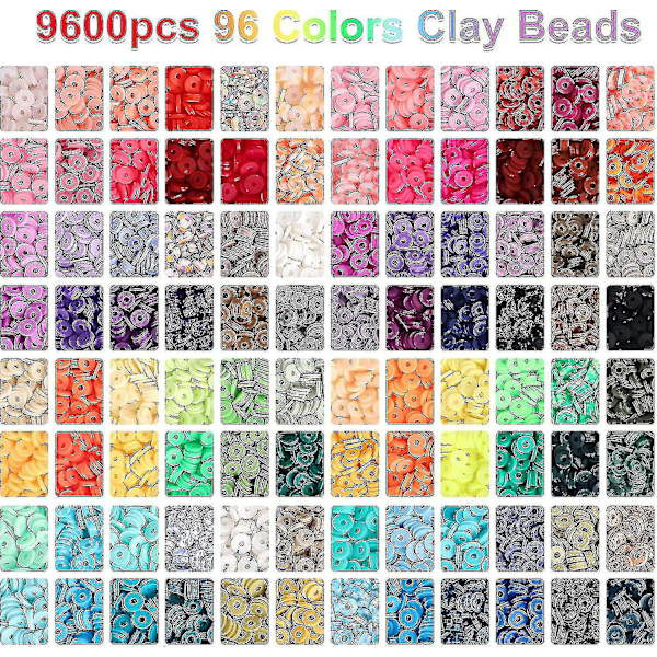9600 stk Leireperler til Smykkeproduksjonsett, 96 Farger Spacer Heishi Perler Flat Rund Polymer Leireperler med Bokstavperler Smiley Perler og Elastisk Snøre