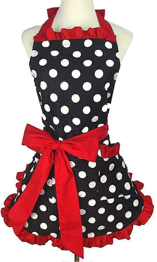Søtt Forkle Retro Svart Polkadot Retro Volangside Vintage Matlagingsforklær