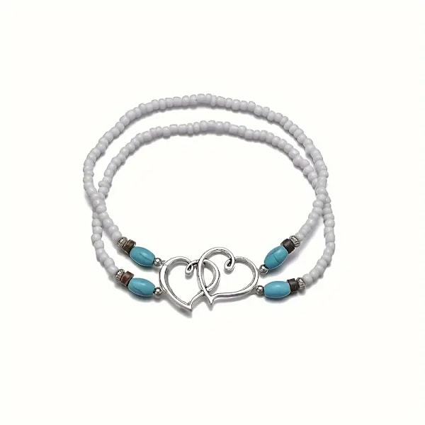 Dobbelt hul hjerte perle ankelkæde sæt, parret med mini frø perle elegant boheme stil elastisk ankelarmbånd