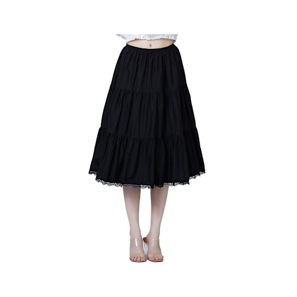 Kortere underskjørt for kvinner, underkjole for kjoler, 100% bomull, halv underkjole med blondekant, elastisk midje, antistatisk M Black-75cm Length