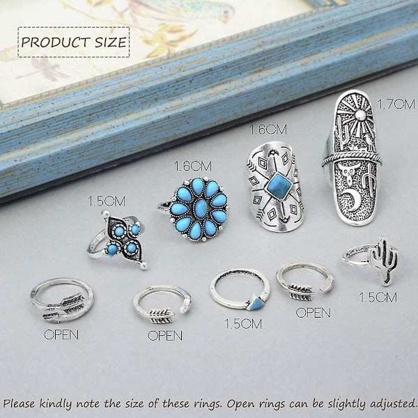Boho Knuckle Rings Sæt Sølv Turkis Stabelbare Fingerringe Justerbare Åbne Ringe Midi Størrelse Led Knuckle Ring Sæt til Kvinder og Piger 9 stk