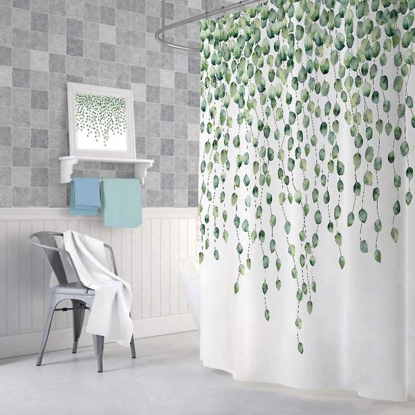 Grønt botanisk blad bruseforhæng til badeværelse, ægte Eucalyptus Leaf Botanisk tryk Stof bruseforhæng sæt