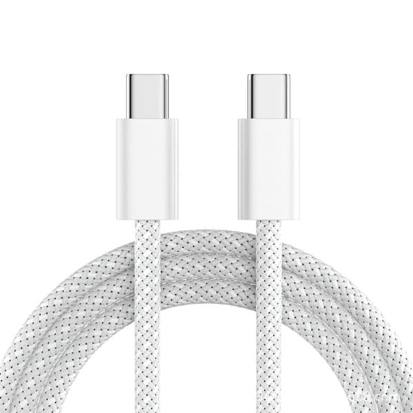 Type-C till Type-C 60W datakabel, kompatibel med iPhone och Samsung, flätad snabbladdningskabel, vit, 3 meter.