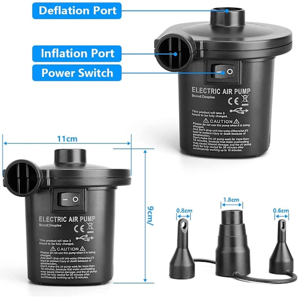 Elektrisk luftpumpe, hurtigfyllende oppladbar batteripumpe for oppblåsing og tømming, luftmadrasspumpe, 3 dyser inkludert (USB-adapter: 5V)