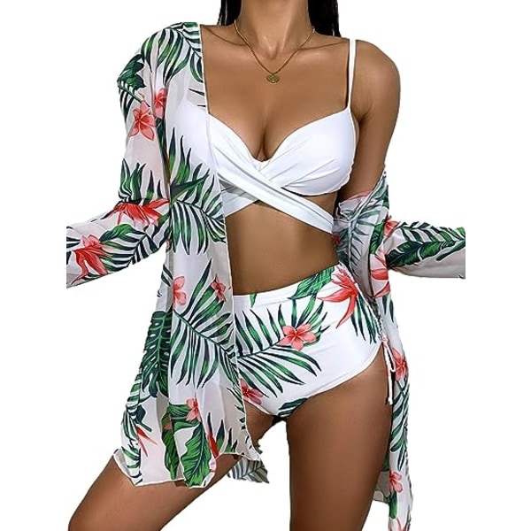 Blommig tropisk baddräkt med hög midja med cover 3-delad baddräkt vadderad set (XL Green Pink Floral XL