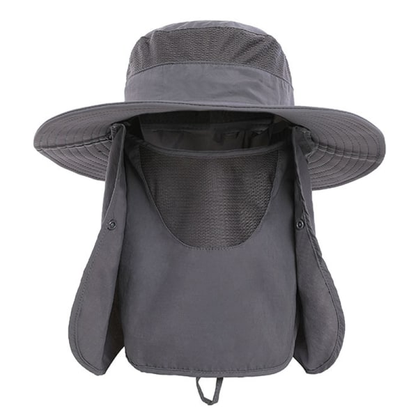 JFJC solhatt UV-beskyttelseshatt Nylon med bred kant, pustende, hurtigtørrende UPF 50+ fiskehatt med avtagbart ansiktshalsdeksel mørk grå