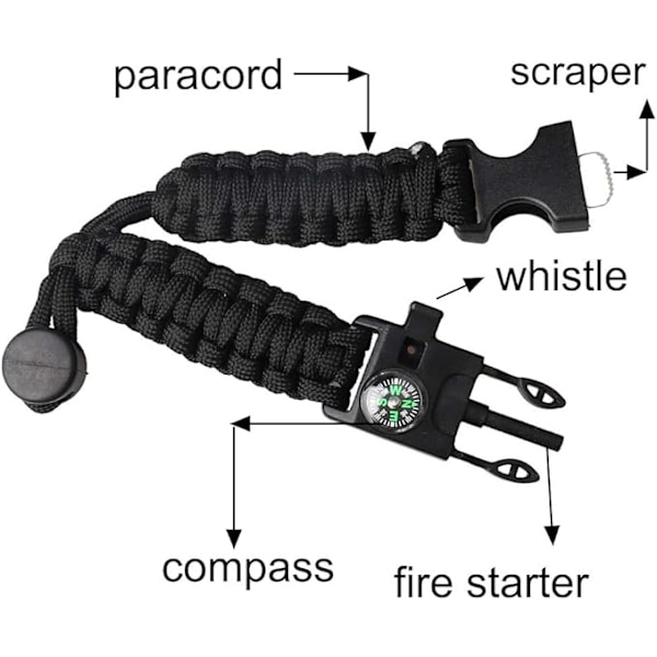 Överlevnadsarmband med Paracord, Flint, Eldstartare, Skrapa, Kompass, Vildmarksöverlevnads Visselpipa, Justerbart Armband 2-pack Svart&Armégrön