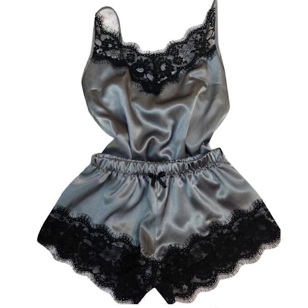 Dam Spets Siden Satin Cami Linne Shorts Pyjamas Set Sexiga Underkläder Nattkläder Sovkläder XL Grey